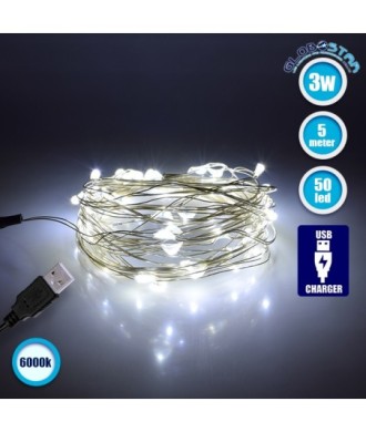 79731 Διακοσμητική Γιρλάντα 5 Μέτρων 50 LED USB 5 Volt 3 Watt με Ασημένιο Συρμάτινο Καλώδιο Ψυχρό Λευκό 6000K